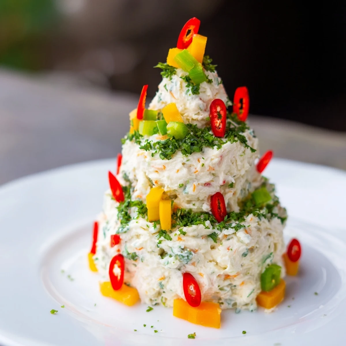 Vibrant Christmas tree-shaped Chili Pepper Dip offers a spicy kick, perfect with crackers for holiday enjoyment.