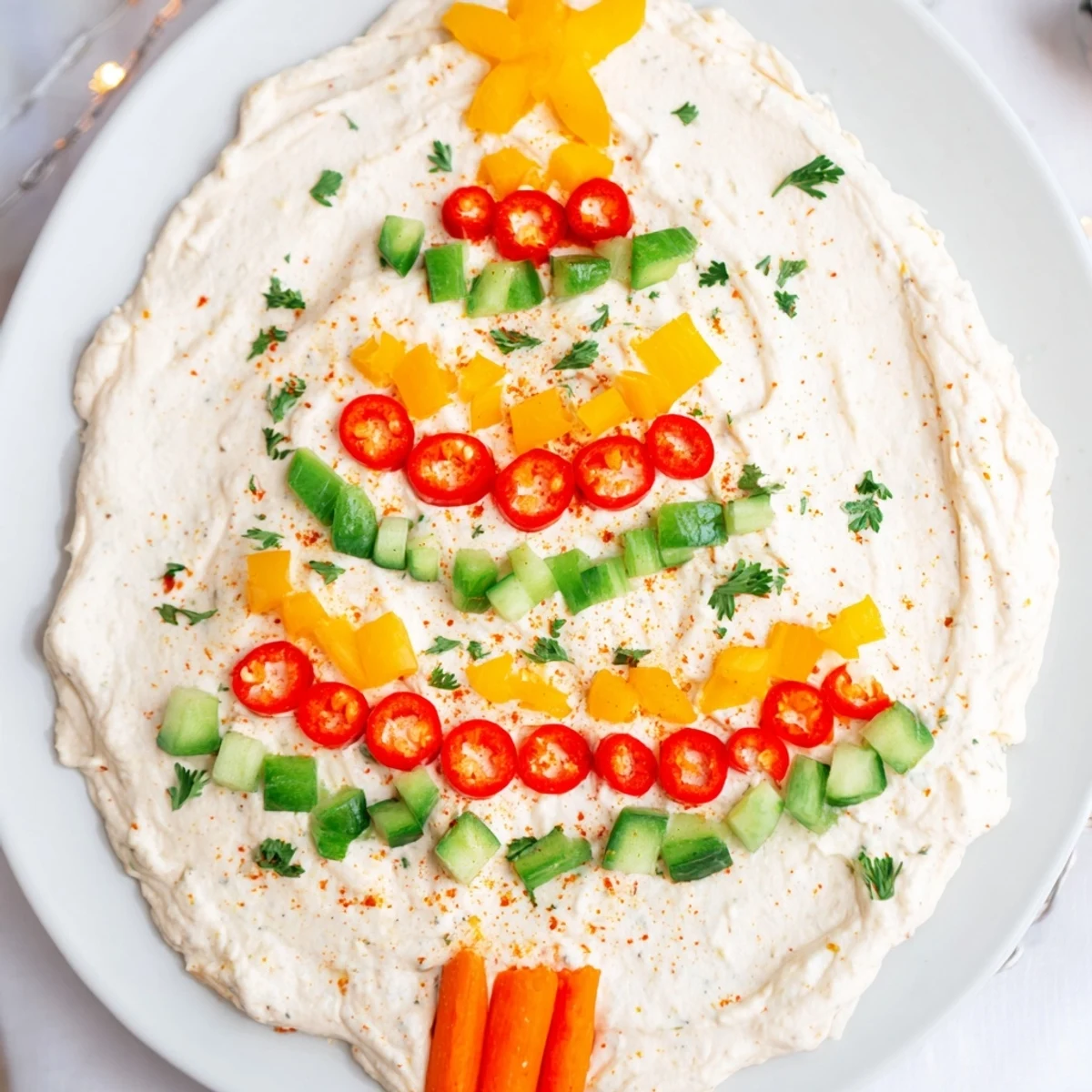 Creamy, flavorful Chili Pepper Christmas Tree Dip with a carrot trunk, ready to be served and enjoyed.