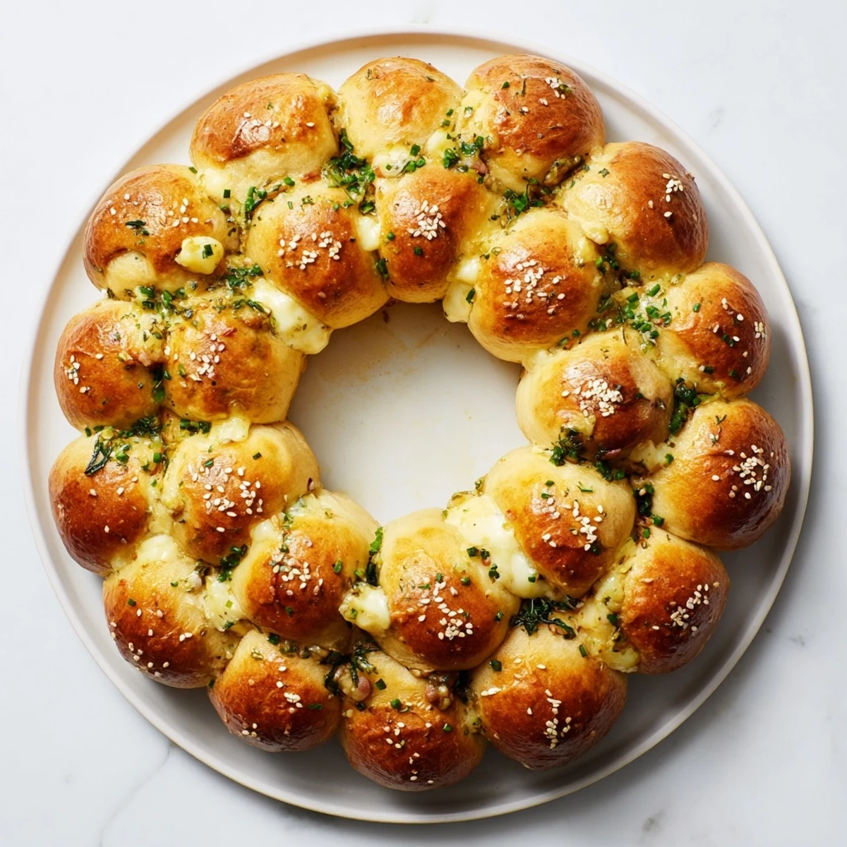 Golden Festive Pull-Apart Bread Wreath, a fragrant bread wreath topped with sesame seeds, ready to savor.