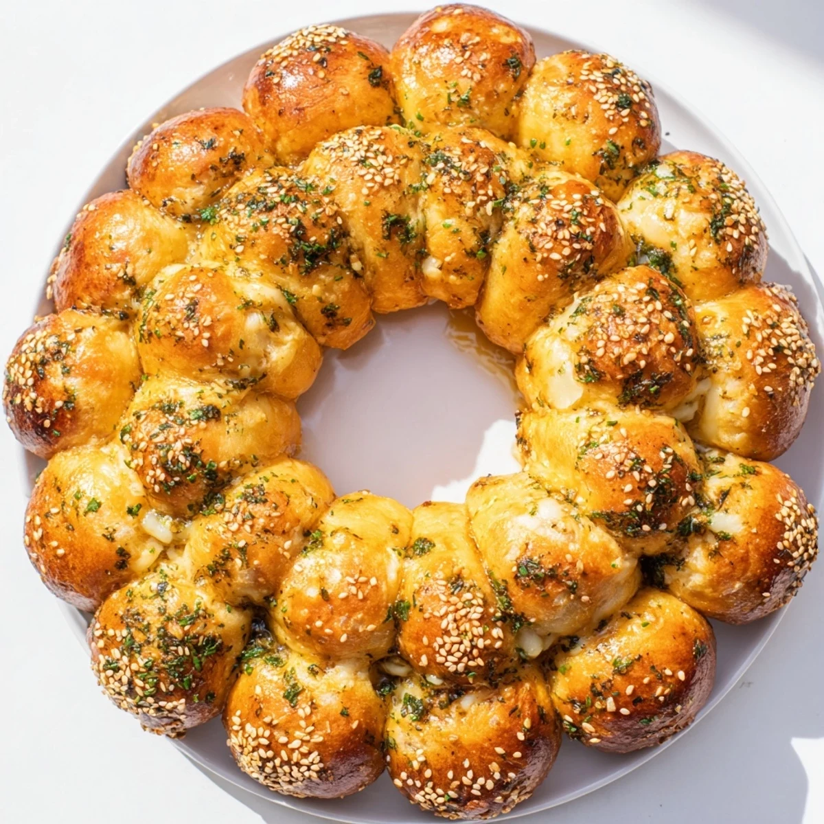 Freshly baked Festive Pull-Apart Bread Wreath, a savory herb and cheese pull-apart to enjoy with family.