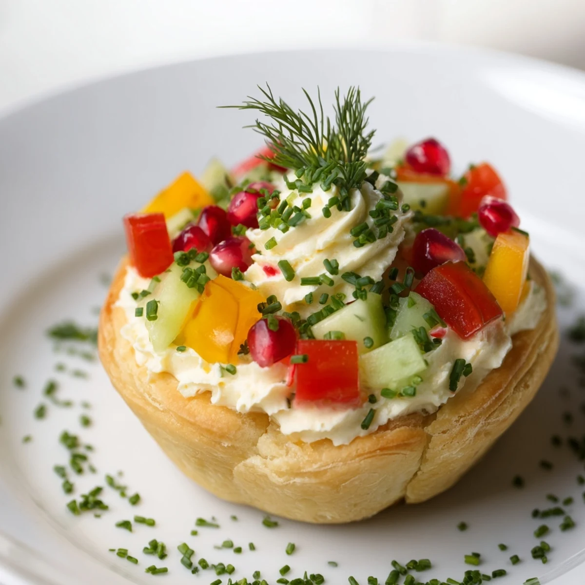 Golden Savory Tartlets, mini wreath appetizers garnished with colorful bell peppers and fresh herbs, ready to serve.