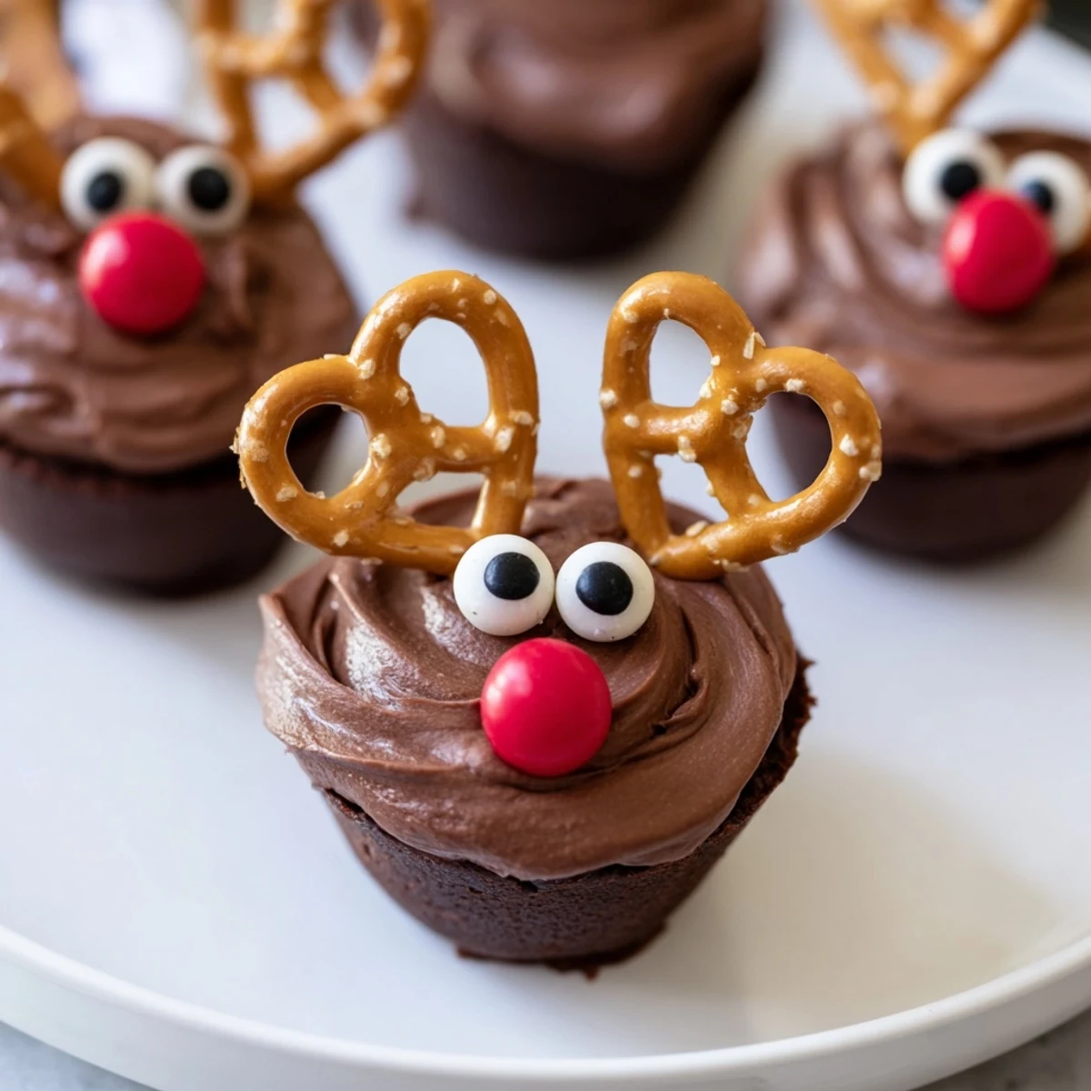 Festive chocolate reindeer pudding cups on a dessert board offer a sweet, chocolatey holiday treat.
