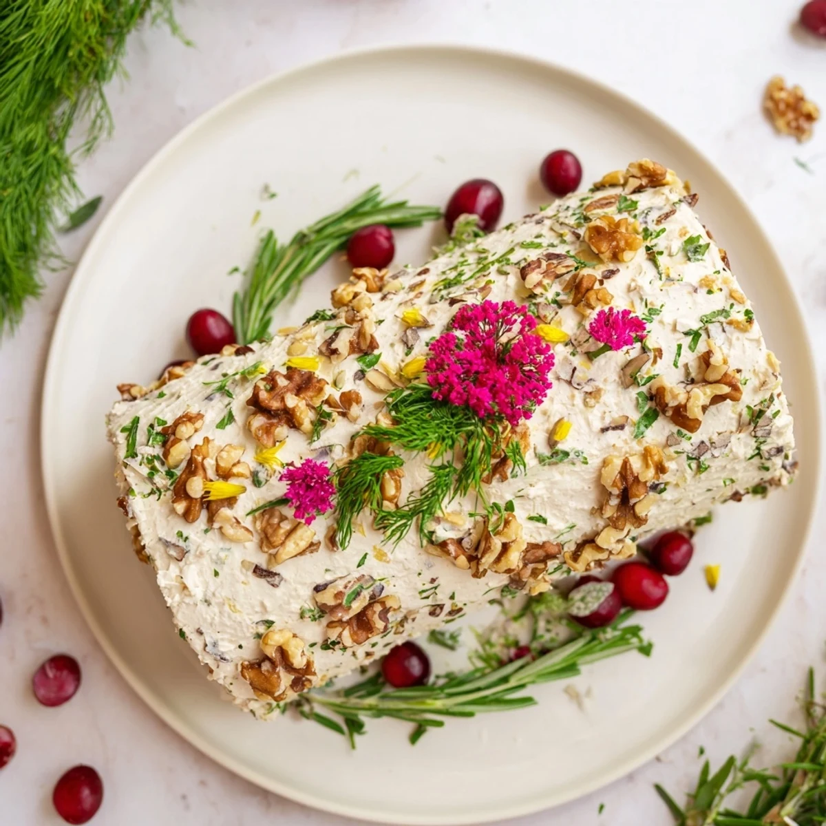 Festive Yuletide Log Cheese Centerpiece adorned with herbs, nuts, and edible garnishes, perfect for a holiday appetizer.