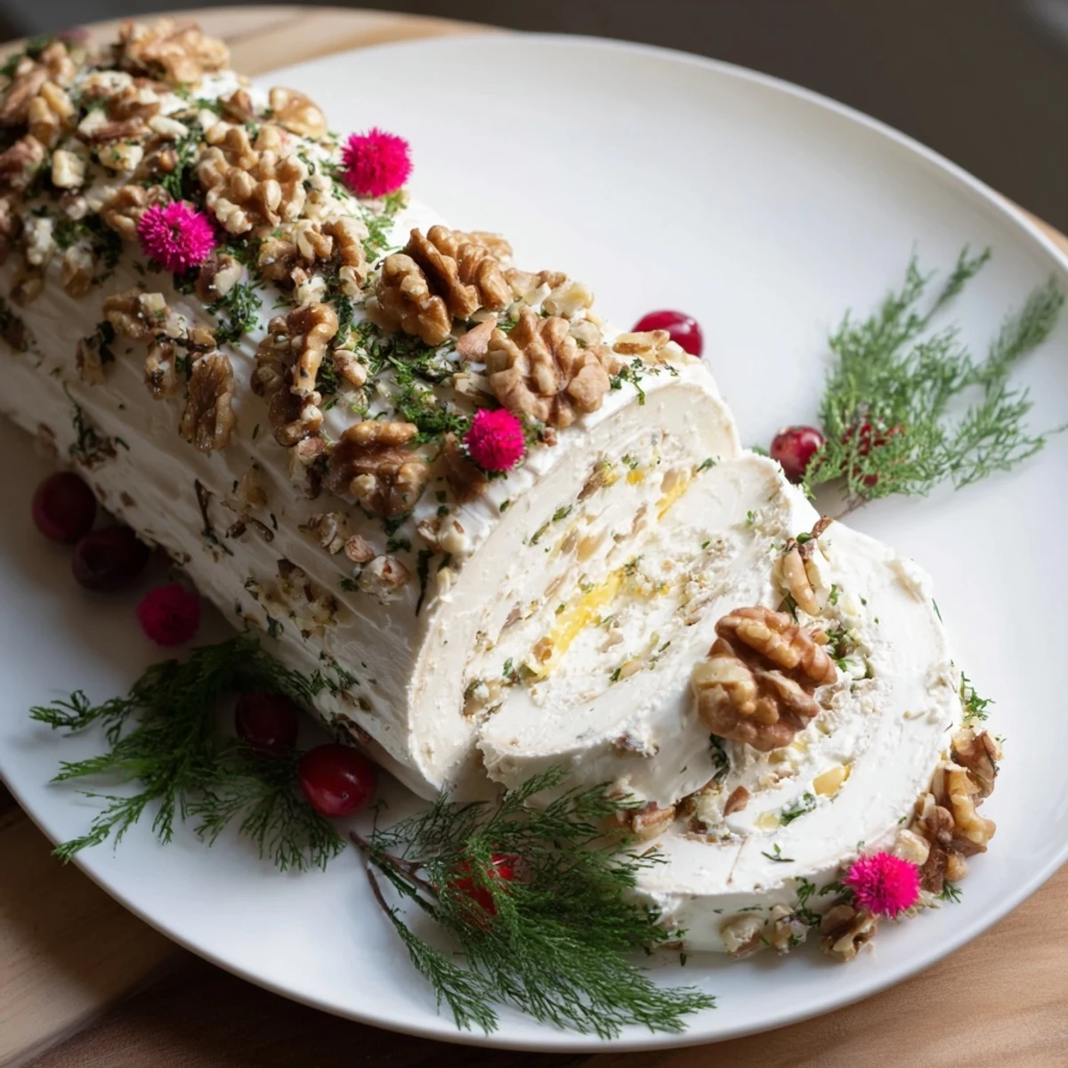A rustic close-up of the flavorful Yuletide Log Cheese Centerpiece, ready to be served with crackers and vegetables.