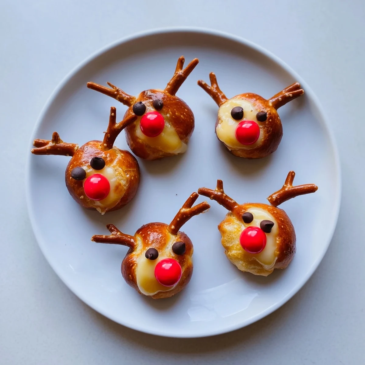 Rudolfs Red Nose Pretzel Bites with a bright red candy nose and pretzel antlers ready to eat.