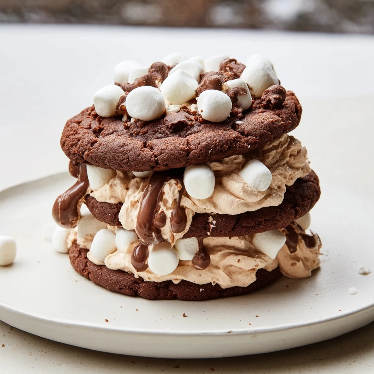 Decadent hot cocoa mug cookie stack, layered with fluffy frosting, perfect for a cozy dessert.