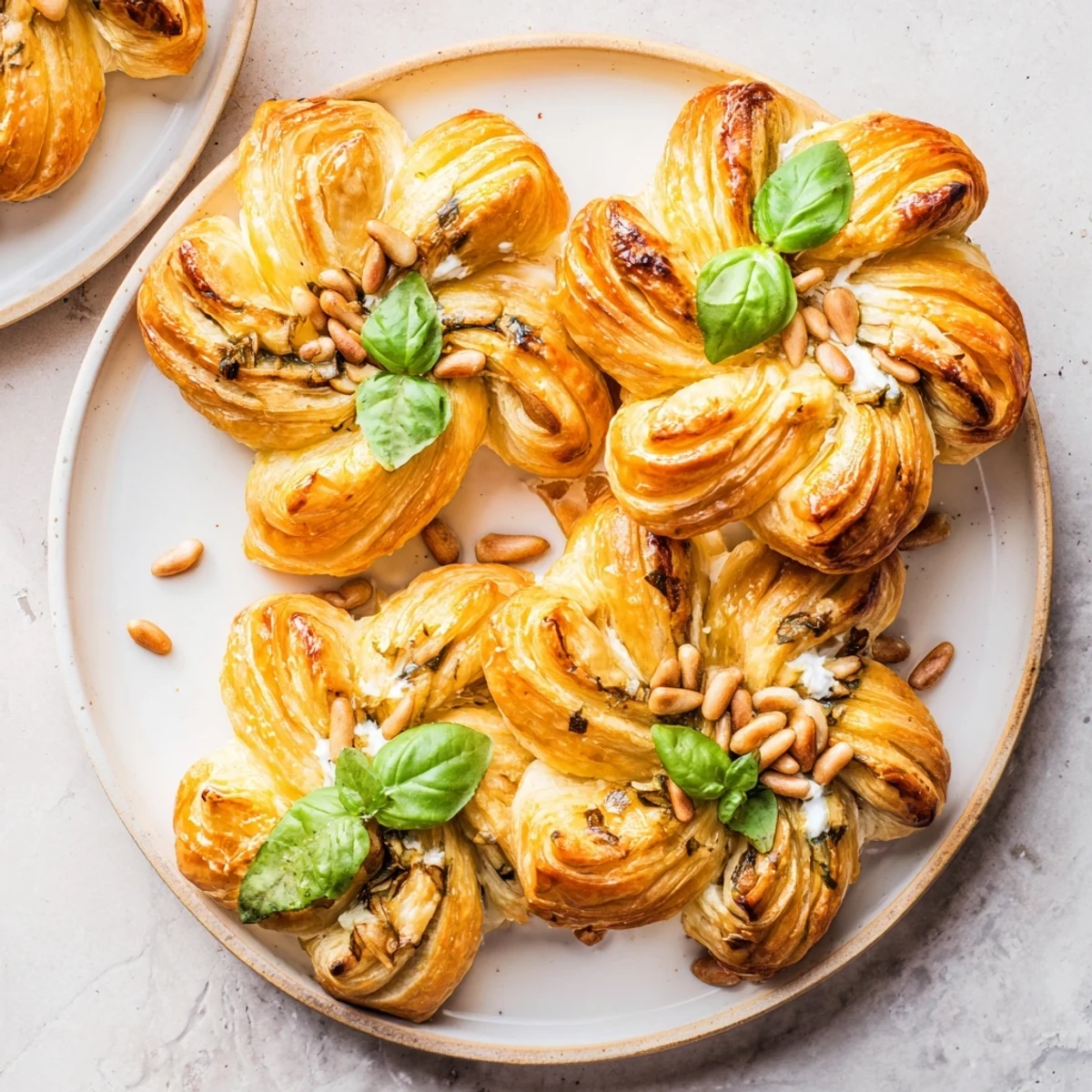 Golden, flaky Poinsettia Puff Pastry Appetizer, perfect for a holiday party, filled with herbs and cheese.