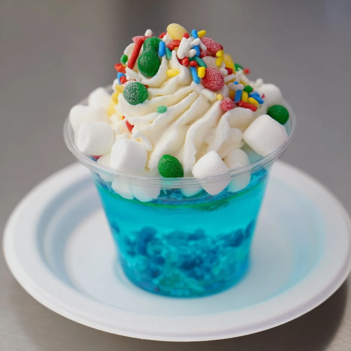 Vibrant blue Snow Globe Jello Cups, a festive treat with marshmallows, sprinkles, and whipped cream.