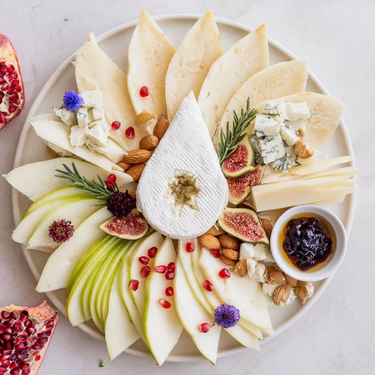 A beautiful Star of Bethlehem cheese platter, featuring assorted cheeses with fresh fruit and nuts.