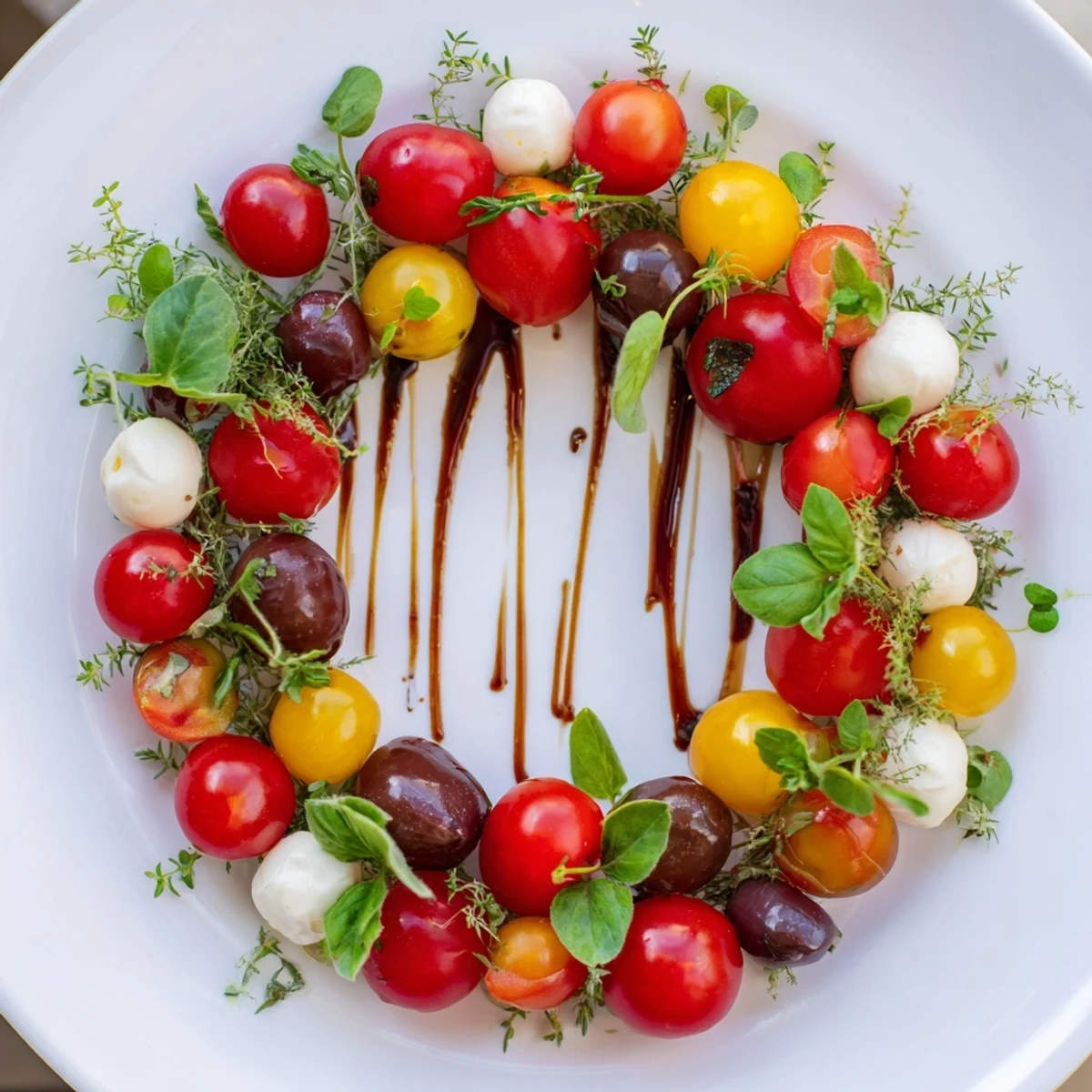 Vibrant Appetizer Wreath: A colorful ring of olives, tomatoes, and herbs ready to serve.
