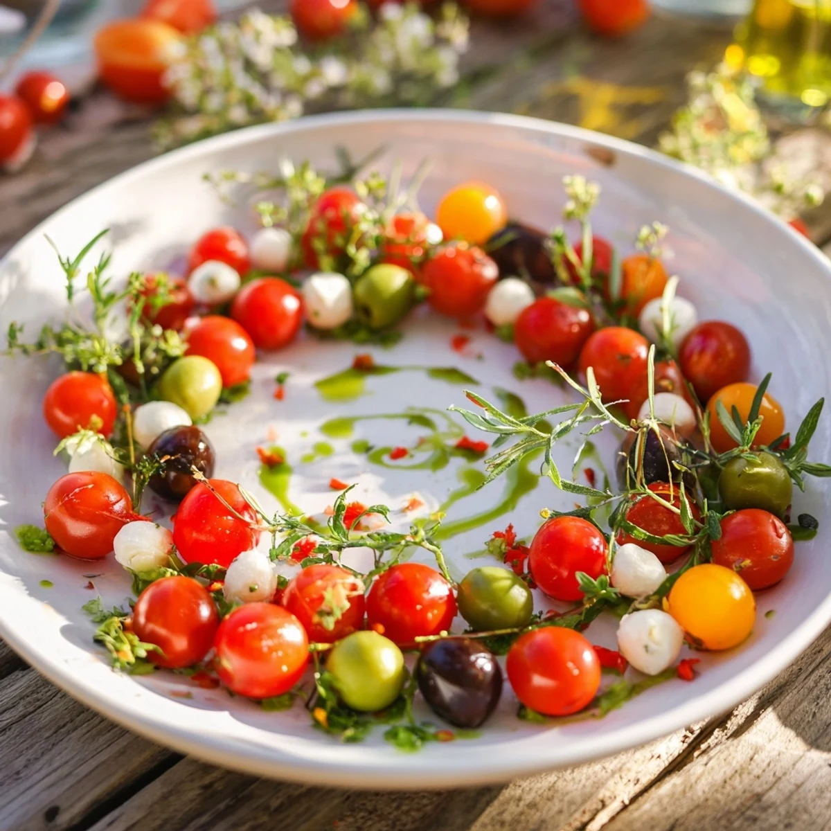 Mediterranean Olive and Cherry Tomato Wreath: Fresh ingredients artfully arranged for a holiday appetizer.