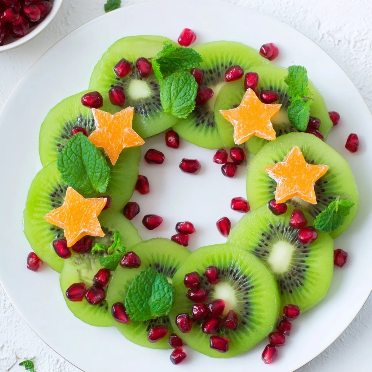 Vibrant Kiwi and Pomegranate Christmas Wreath showcases juicy kiwi slices and pomegranate arils, ready to serve.