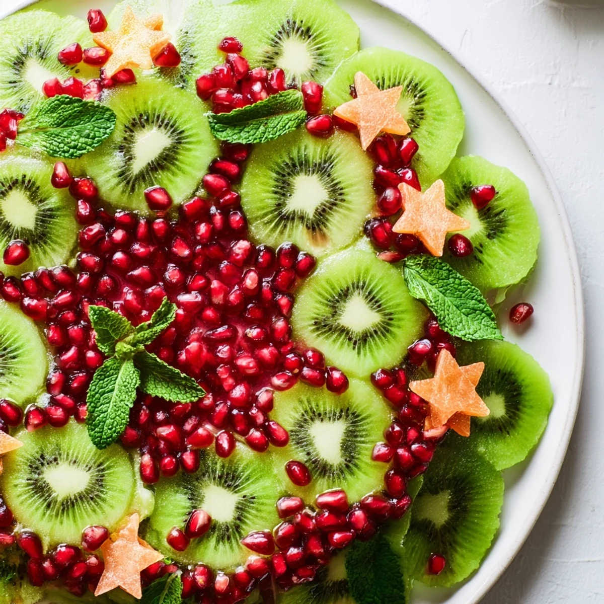 Bright green kiwi and ruby red pomegranate seeds create a beautiful Kiwi and Pomegranate Christmas Wreath appetizer.