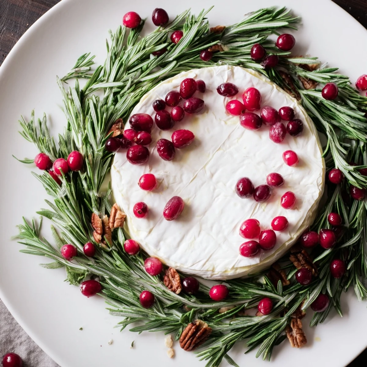 Warm, melty Brie Cheese Wheel decorated with rosemary wreath, ready to be served with crackers.