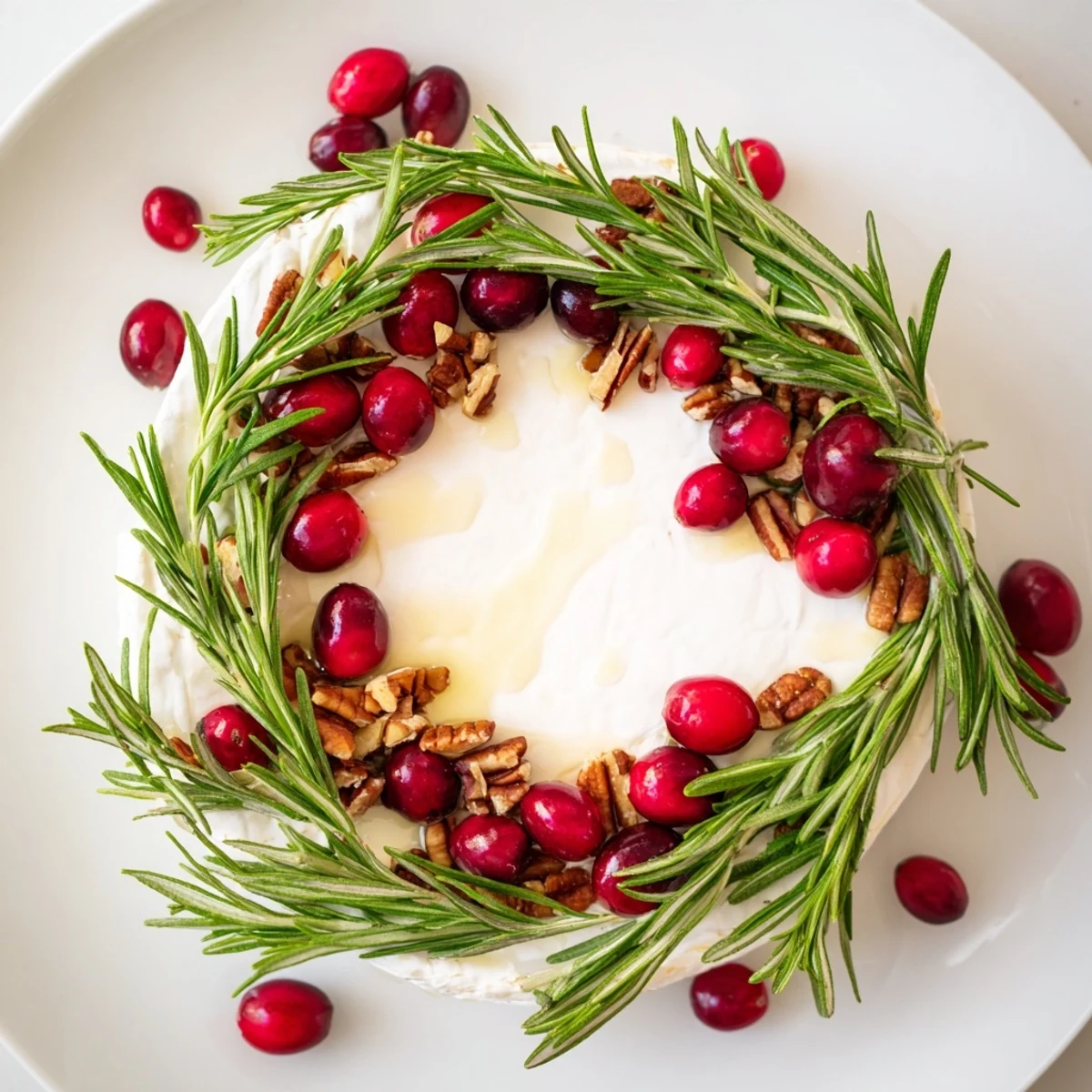Savory Brie Cheese Wheel appetizer boasting a festive rosemary wreath and crunchy toppings, perfect for sharing.