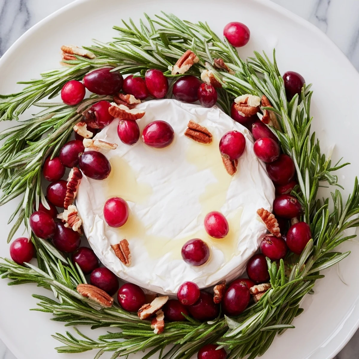 Close-up of a creamy Brie Cheese Wheel, encircled by fresh rosemary, inviting with its delicious aroma.