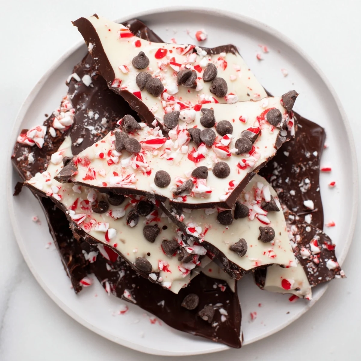 Dark and white chocolate Peppermint Bark shards, a festive dessert with crushed peppermint.