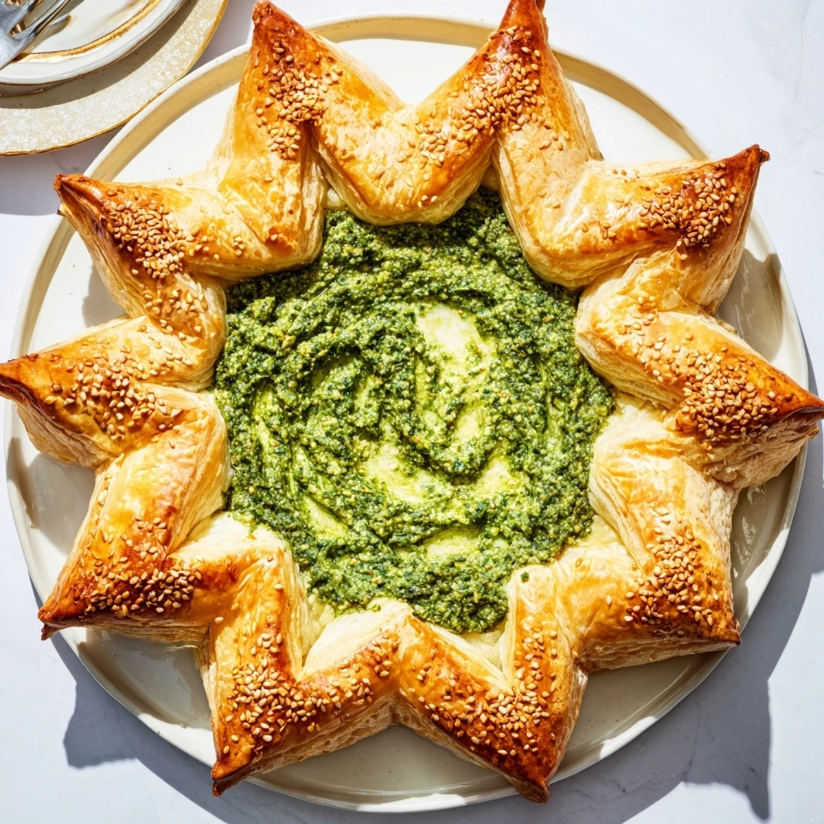 Golden-brown, star-shaped pesto dip surrounded by flaky pastry, ready to serve and share.