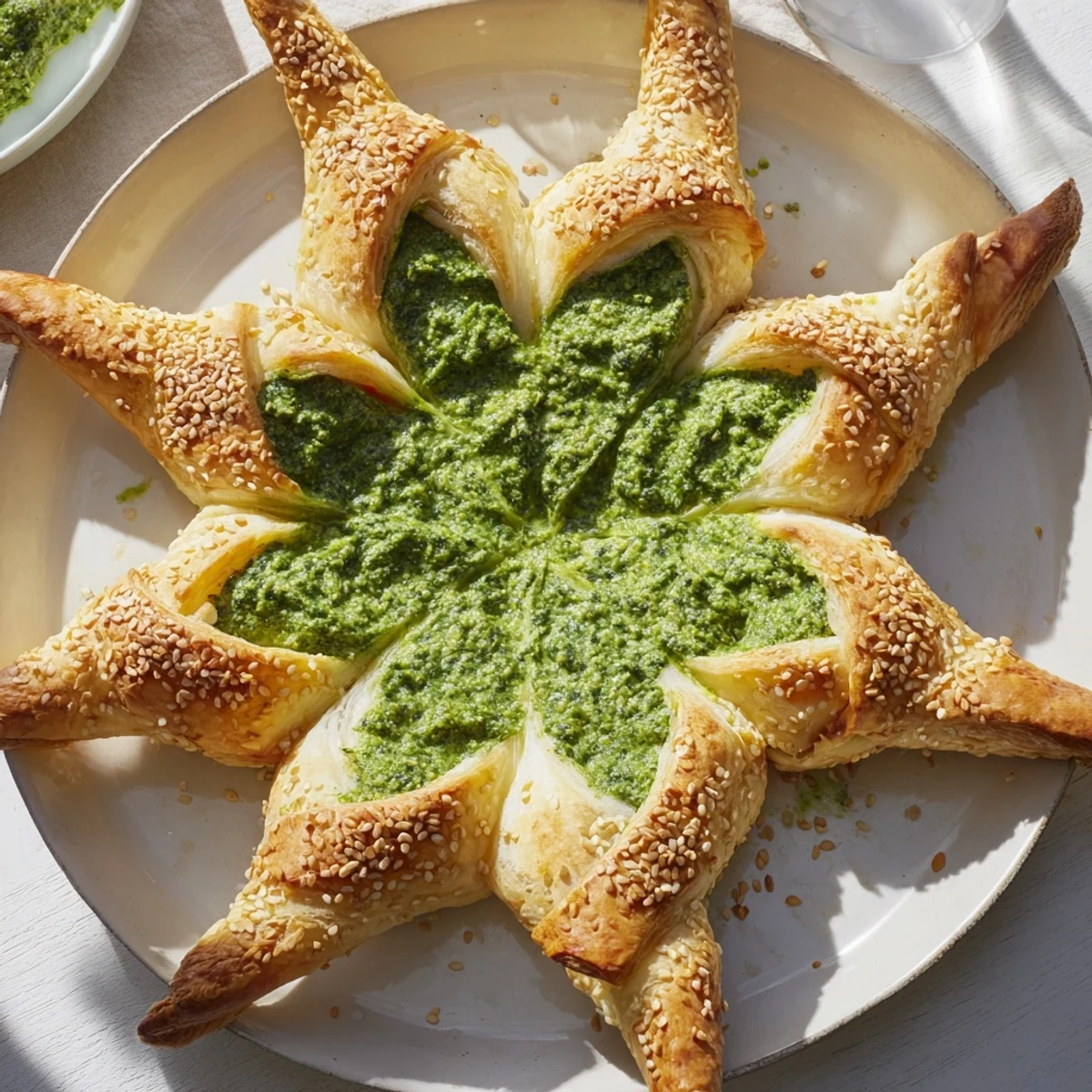Creamy, green star-shaped pesto dip with crispy cracker edges, a perfect party appetizer.