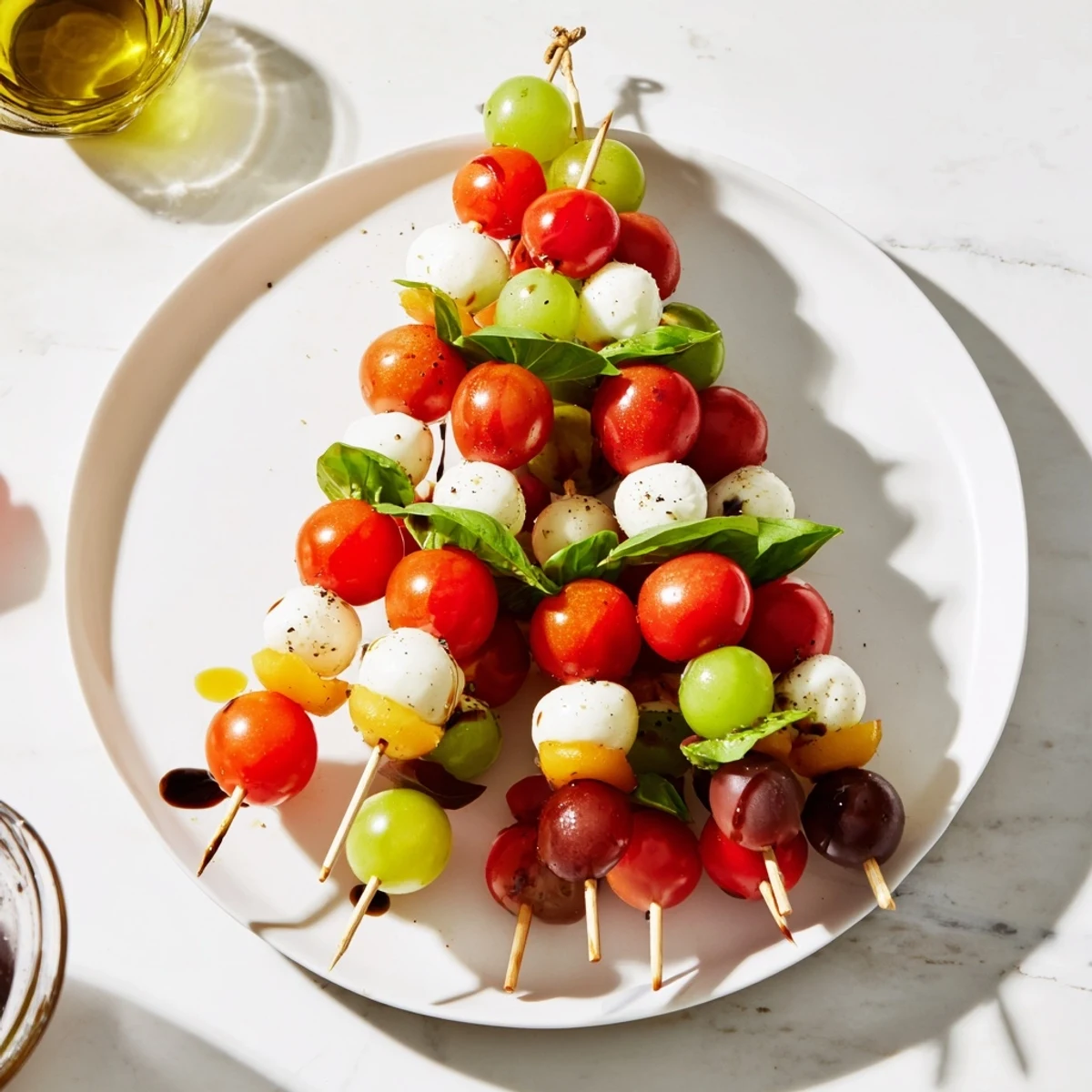 Red and green Caprese skewer tree appetizer, a delightful holiday appetizer with fresh mozzarella.