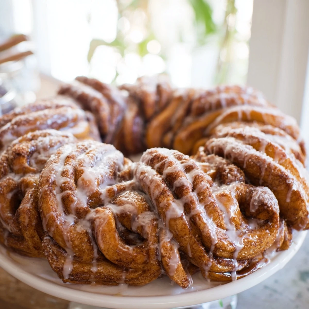 A freshly baked Cinnamon Roll Pull-Apart Wreath, glistening with glaze, perfect for a special brunch.