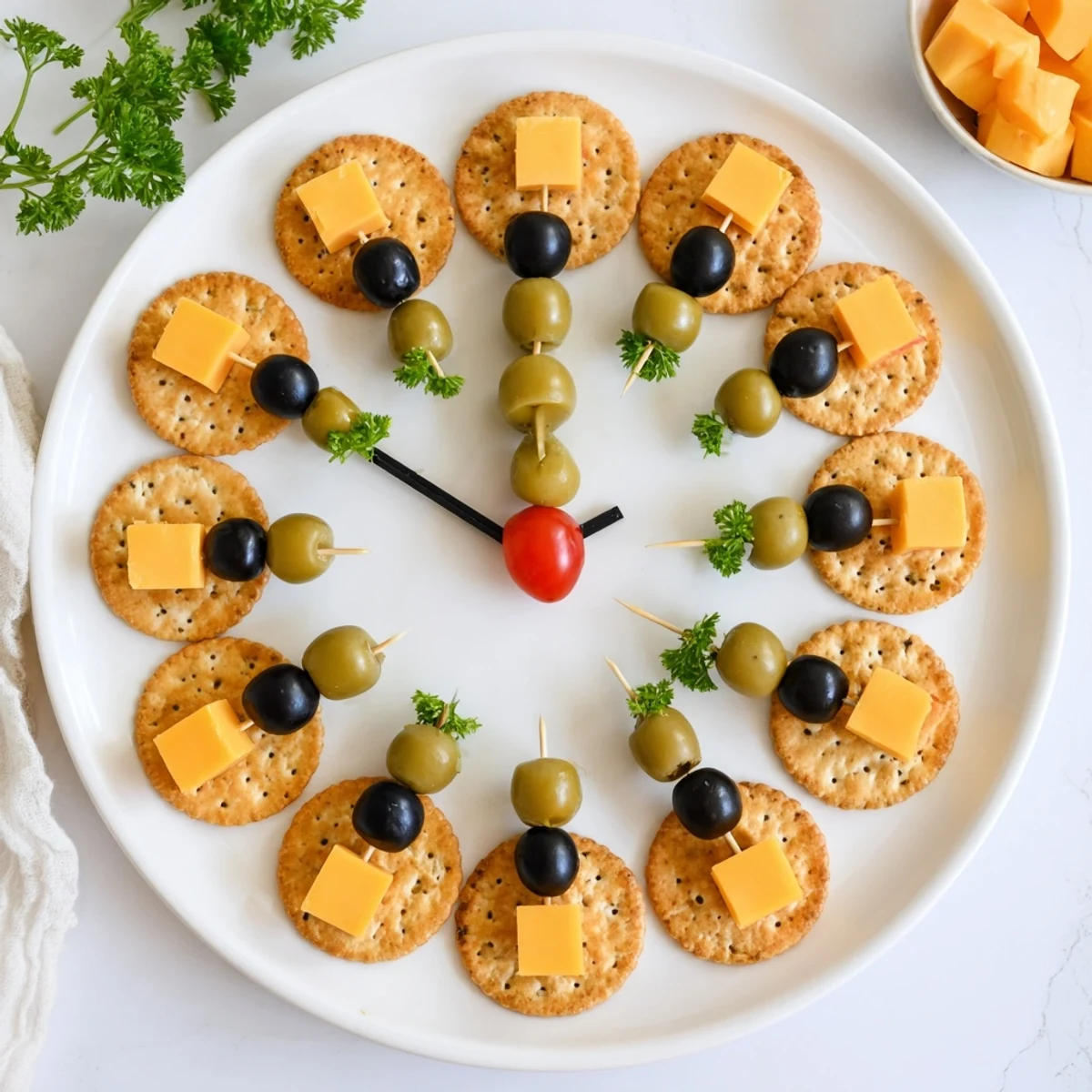 New Year's Clock Countdown appetizer platter with cheese cubes and olive "clock" details ready to eat.