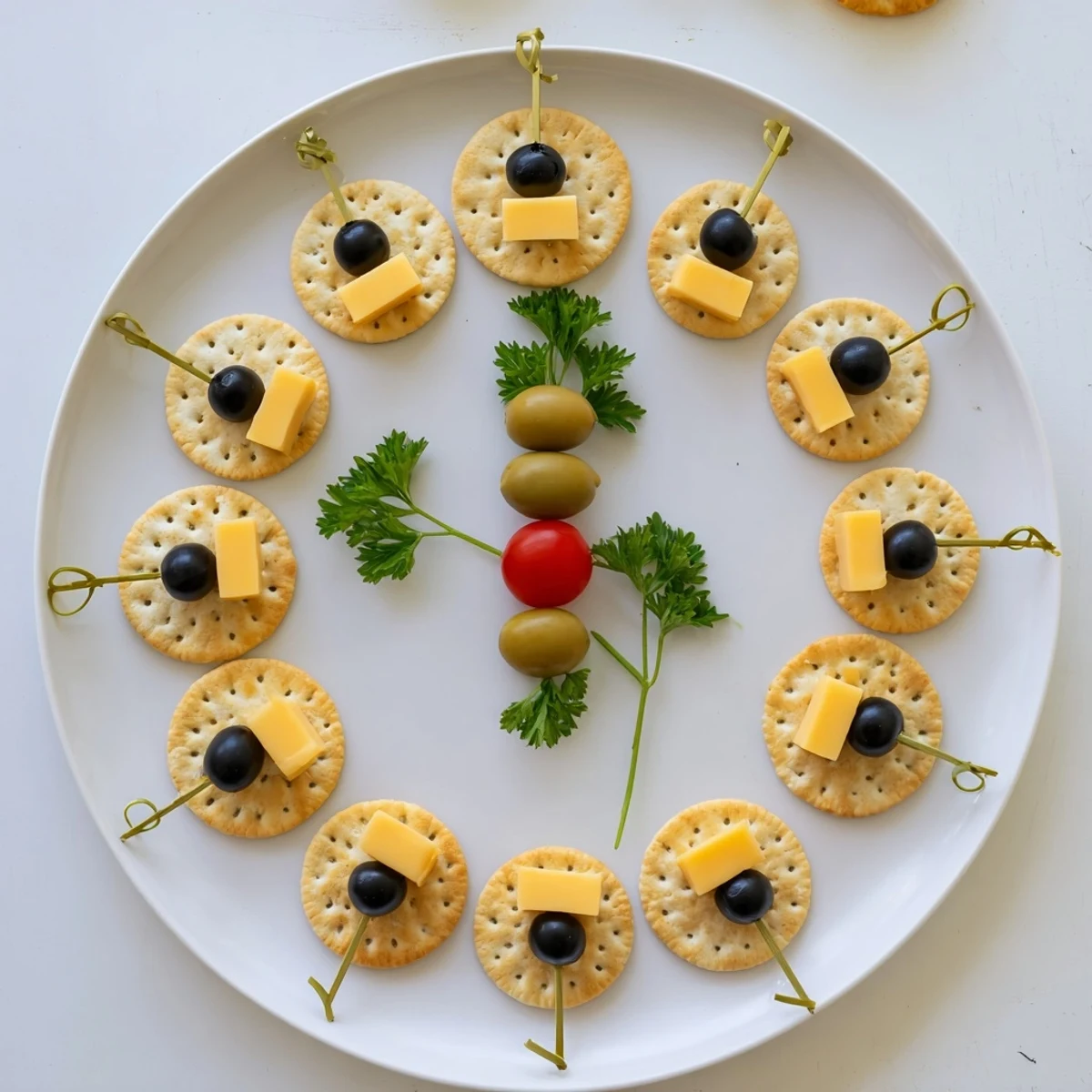 Festive New Year's Clock Countdown arranged with crackers, cheese, and olives for a fun celebration.