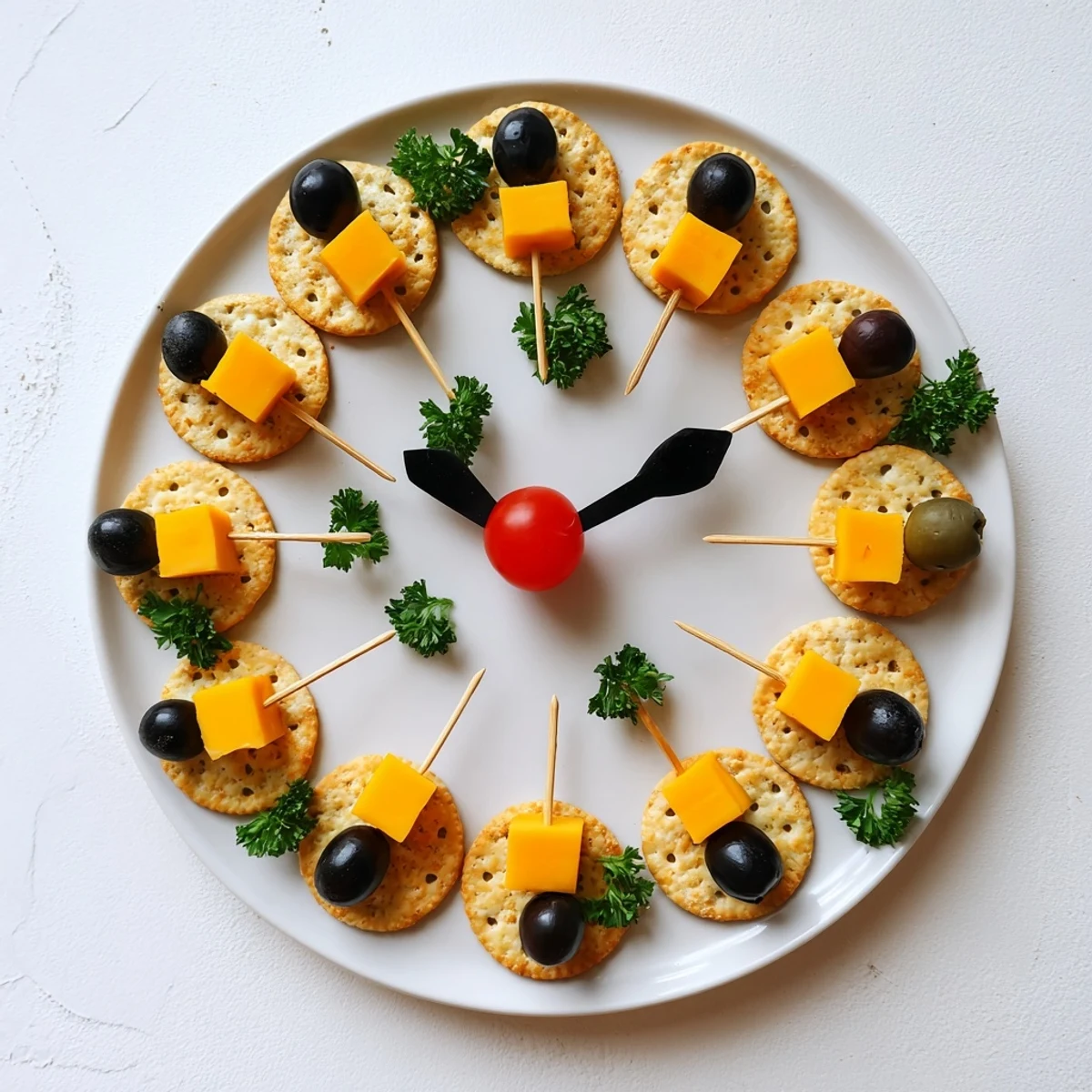 Close-up of a delicious New Year's Clock Countdown, with cheddar and Swiss cheese chunks.