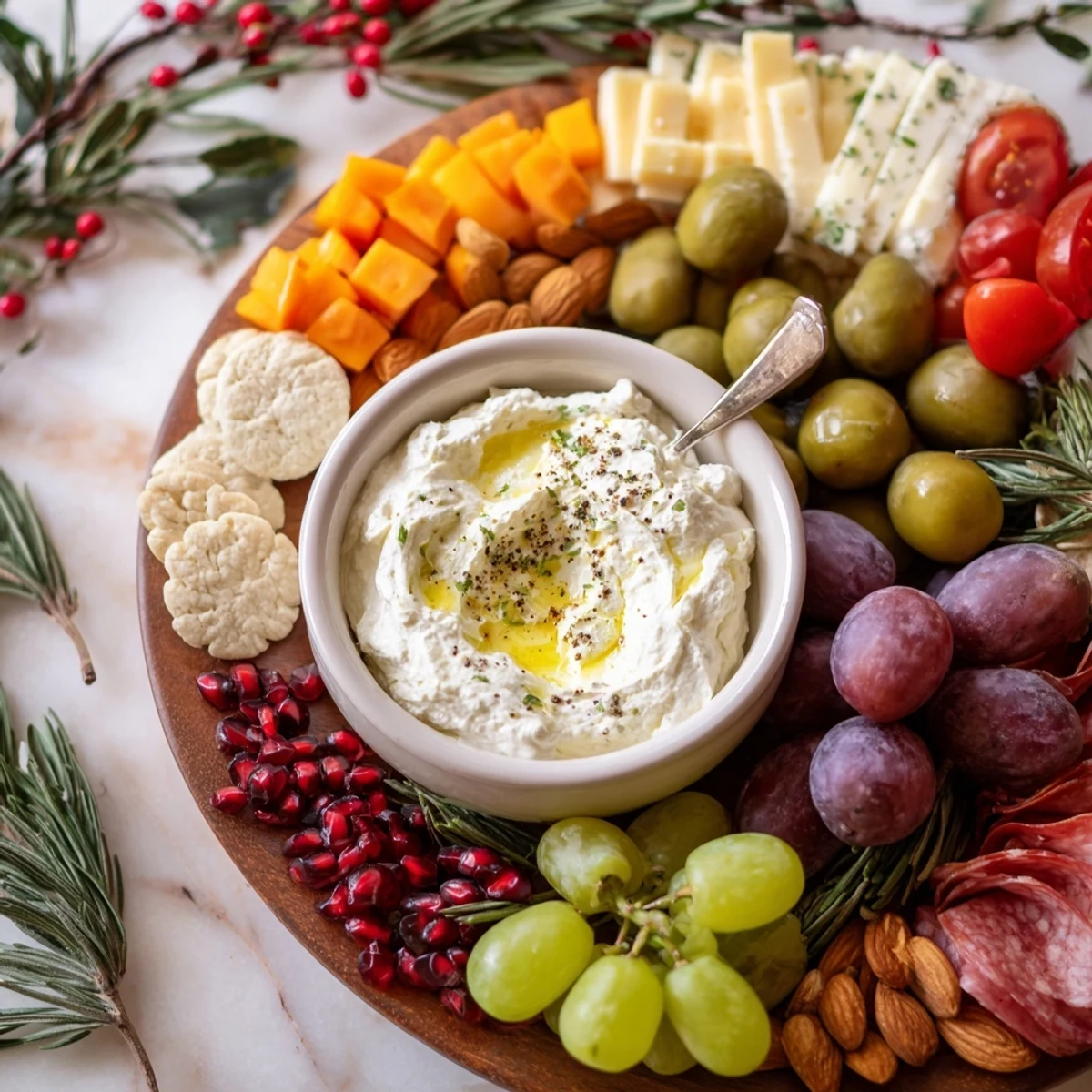 Festive Evergreen Wreath Board arranged with colorful fruits, cheeses, and meats, ready to serve and enjoy.