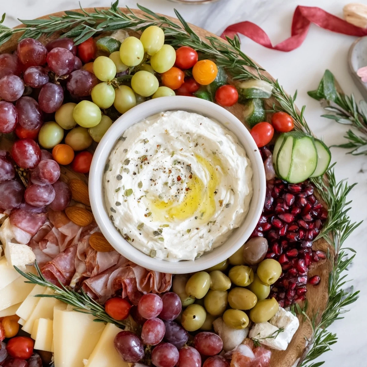 A beautiful, close-up image of the Evergreen Wreath Board, boasting a vibrant holiday appetizer display.