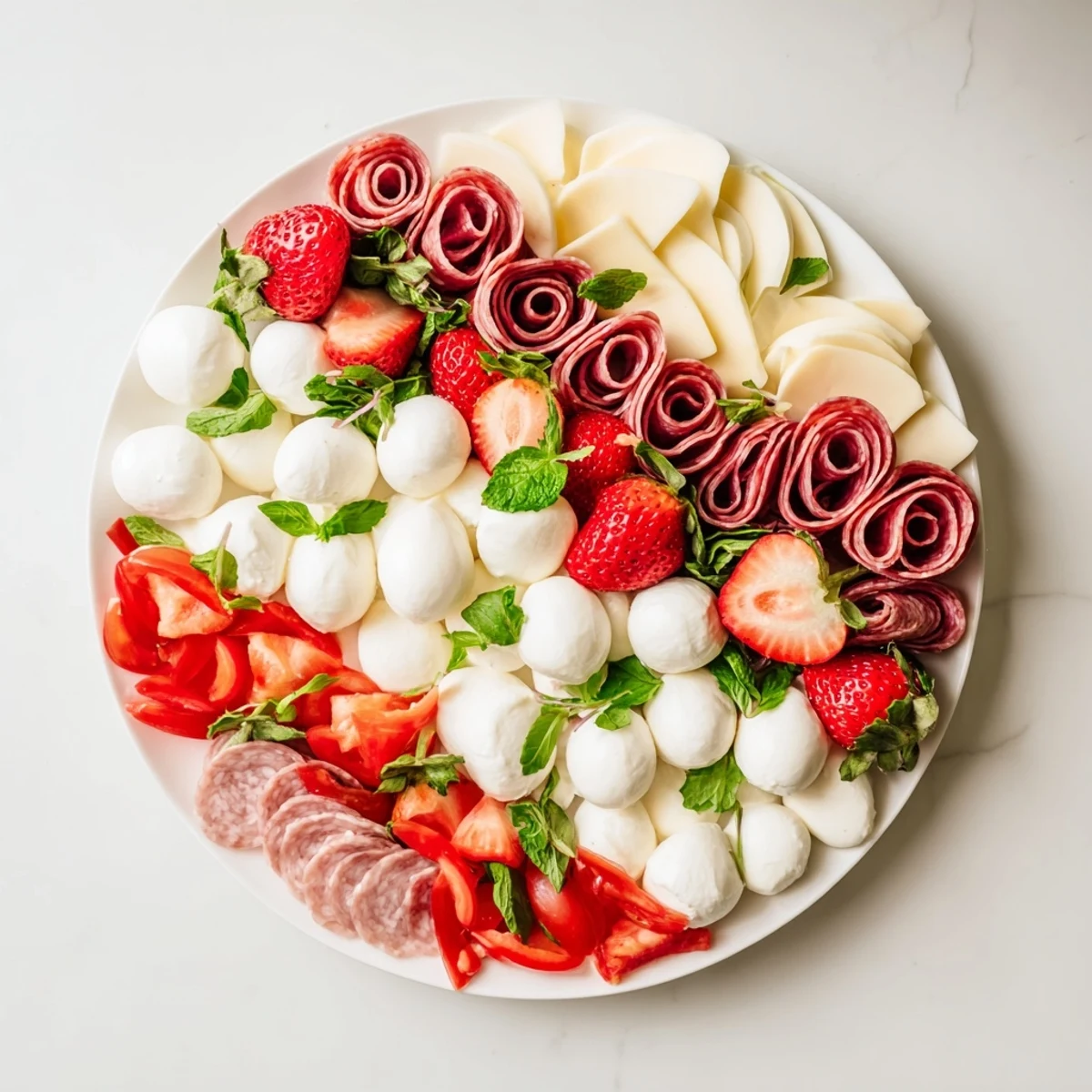 Festive Peppermint Stripe Celebration platter with vibrant red berries and creamy white cheeses, ready to serve.