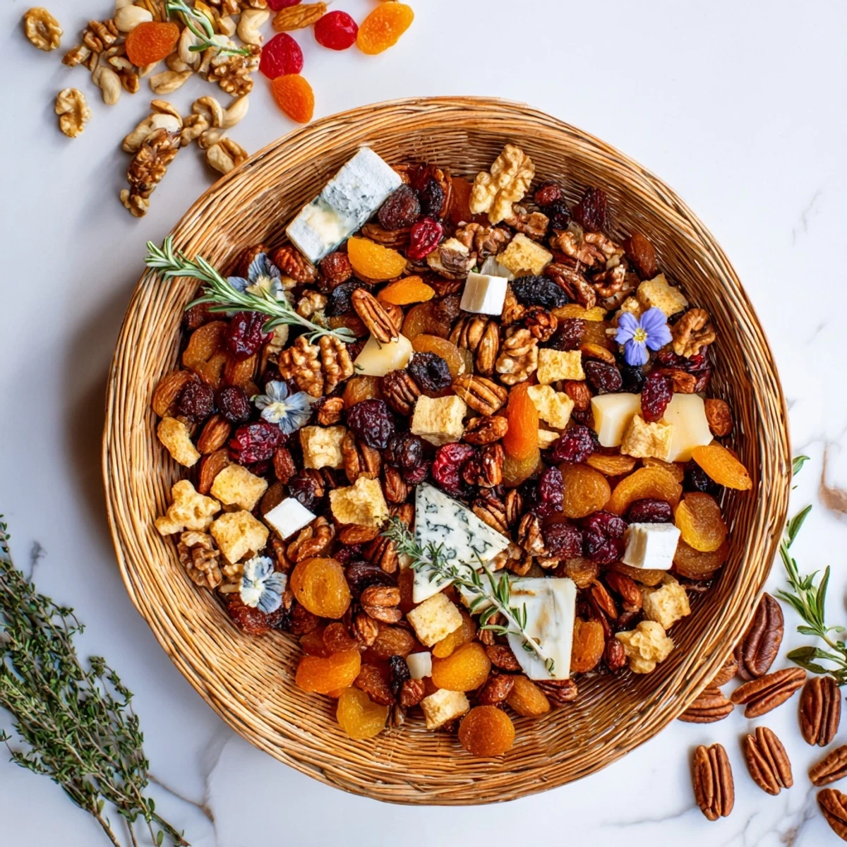 A vibrant Autumn Harvest Horn of Plenty overflowing with colorful dried fruits and assorted nuts.