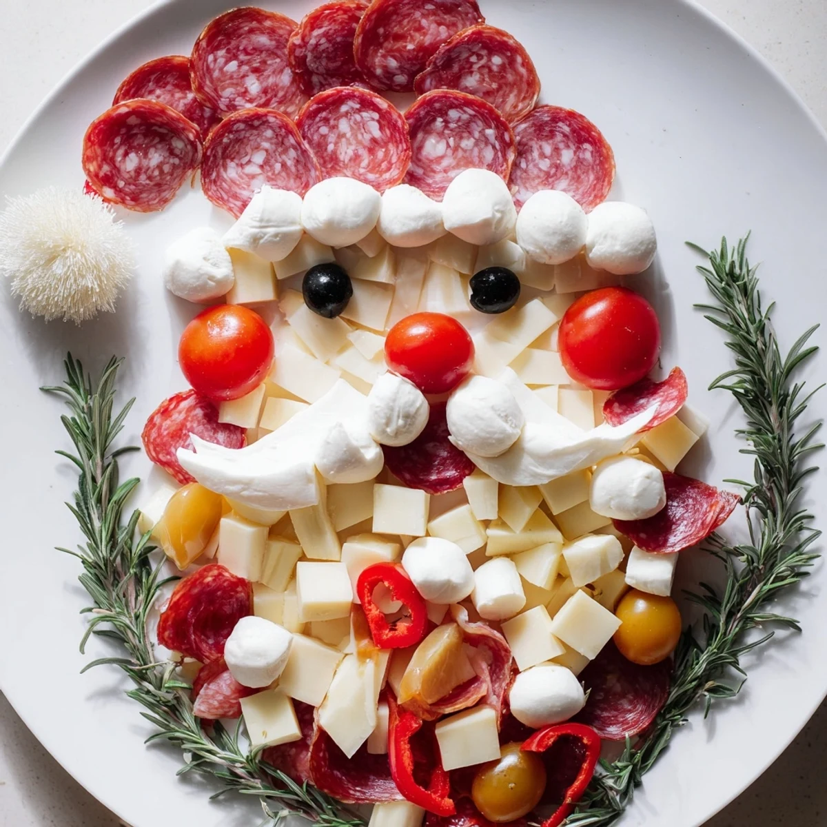 Festive Santas Beard and Hat Board includes creamy cheeses representing Santas beard and salami for his hat.