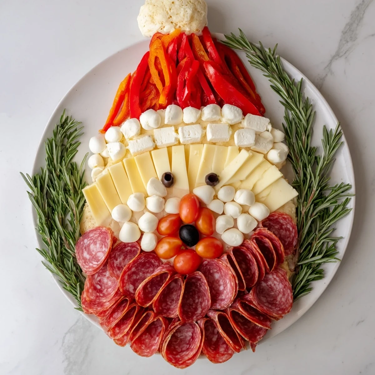 This holiday Santas Beard and Hat Board features sliced cheeses and meats arranged like a cheerful Santa.