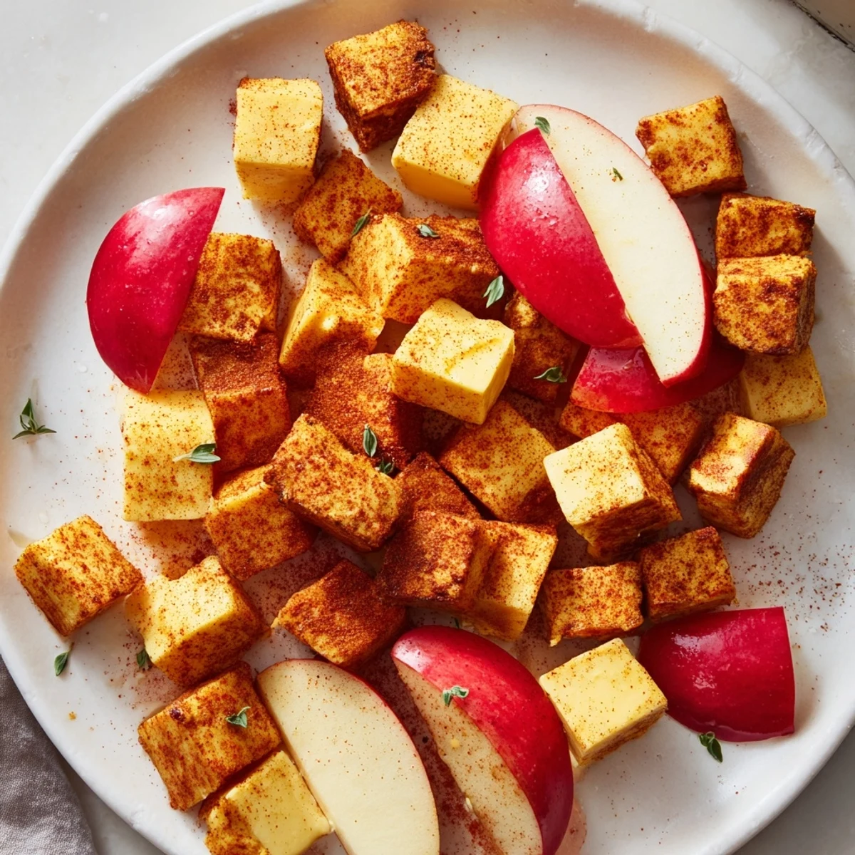 A vibrant spread features The Autumn Ember appetizer: smoked paprika cheese and red apple embers.