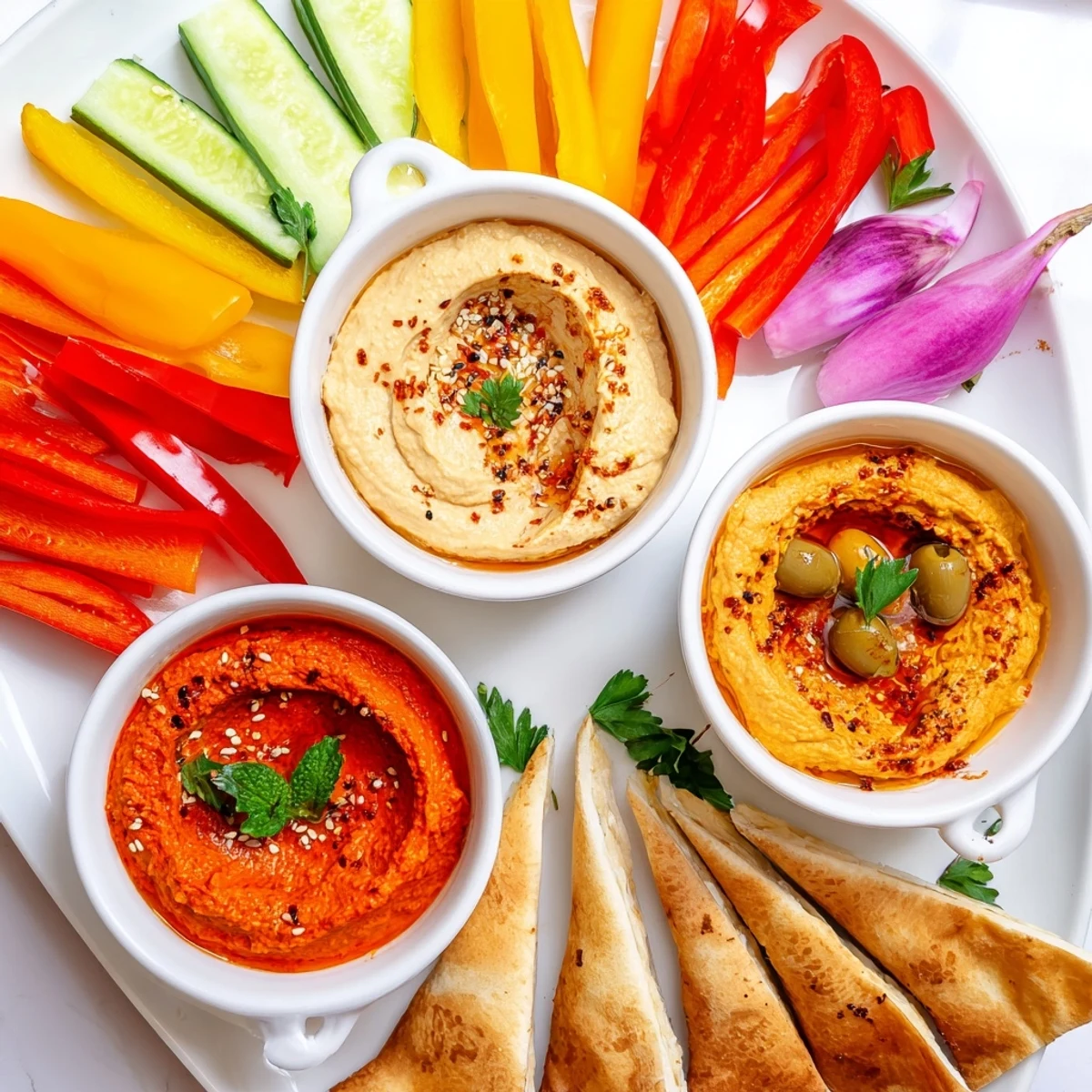 A beautifully arranged The Moroccan Tent, a delightful platter with hummus, baba ganoush, and fresh veggies.