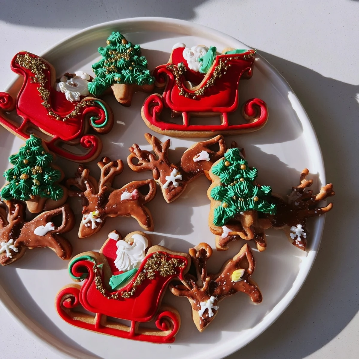 Close-up of frosted Santa's Sleigh Cookie Display, sprinkled with edible glitter, ready for holiday treats.