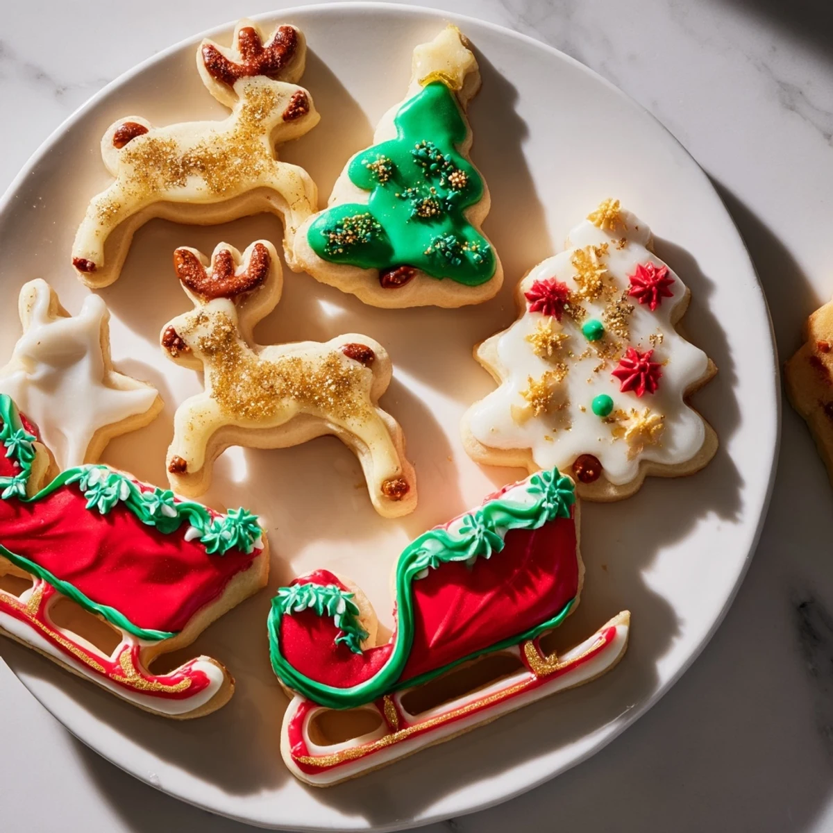 Festive decorated Santa's Sleigh Cookie assortment, featuring reindeer and stars, perfect for Christmas gatherings.