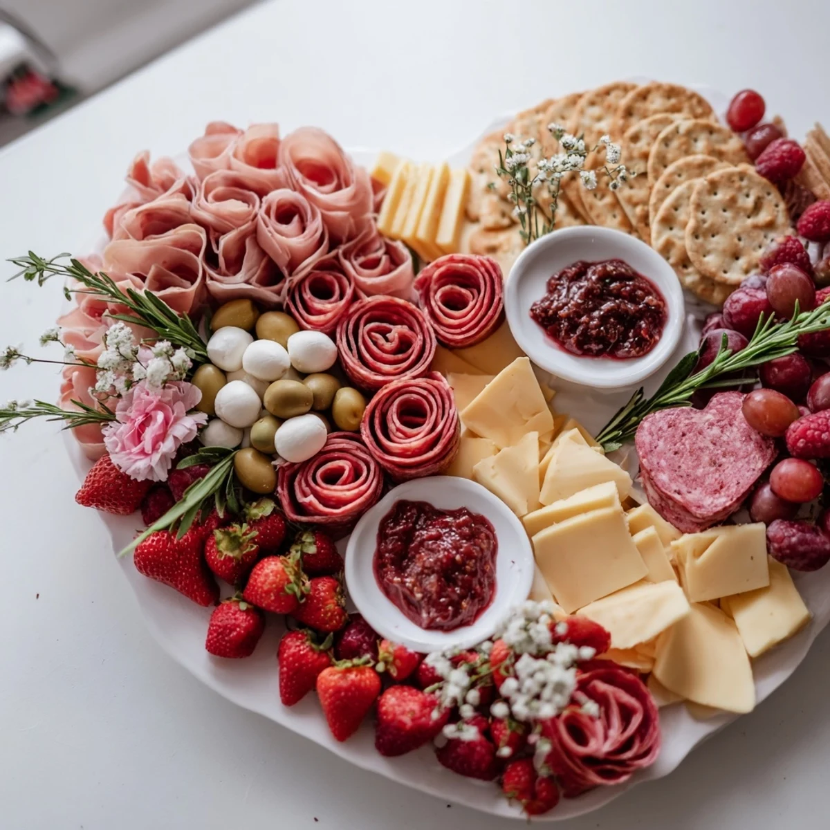 Heart shaped charcuterie board with cured meats, cheeses, and fruits arranged beautifully; perfect for special occasions.