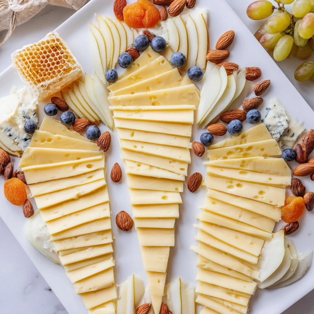 A visually stunning Art Deco Arch Cheese Platter, showcasing arranged cheeses and fresh fruit for an appetizer.