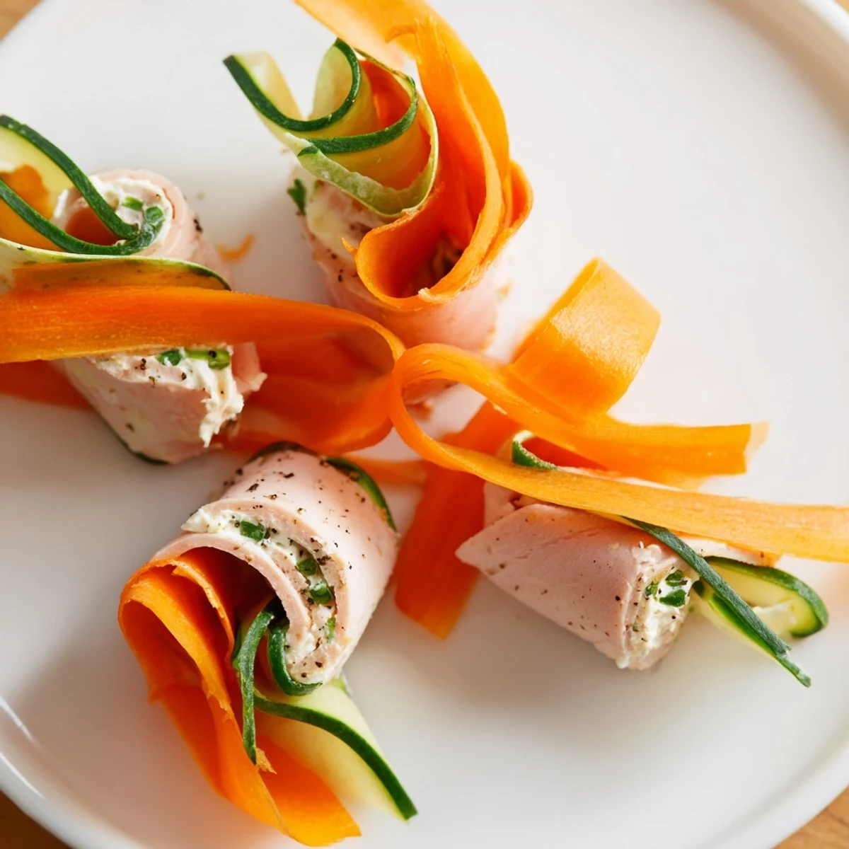 Image of The Ribbon Dancer: a refreshing appetizer with colorful ribbons and savory turkey rolls ready to eat.