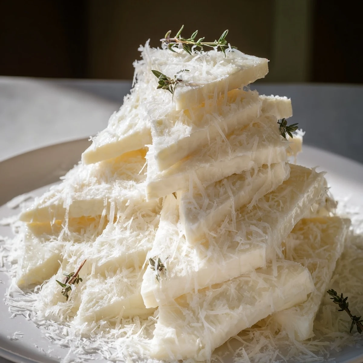 Elegant Snowcapped Range appetizer with creamy Brie and Parmesan "snow," served with baguette.