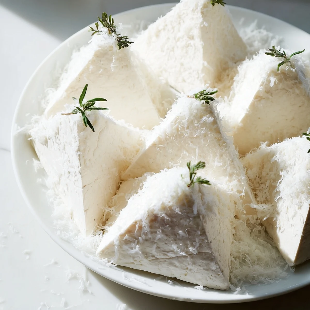 Ready-to-eat Snowcapped Range appetizer; Brie cheese mountain peaks dusted with Parmesan, ready to serve.