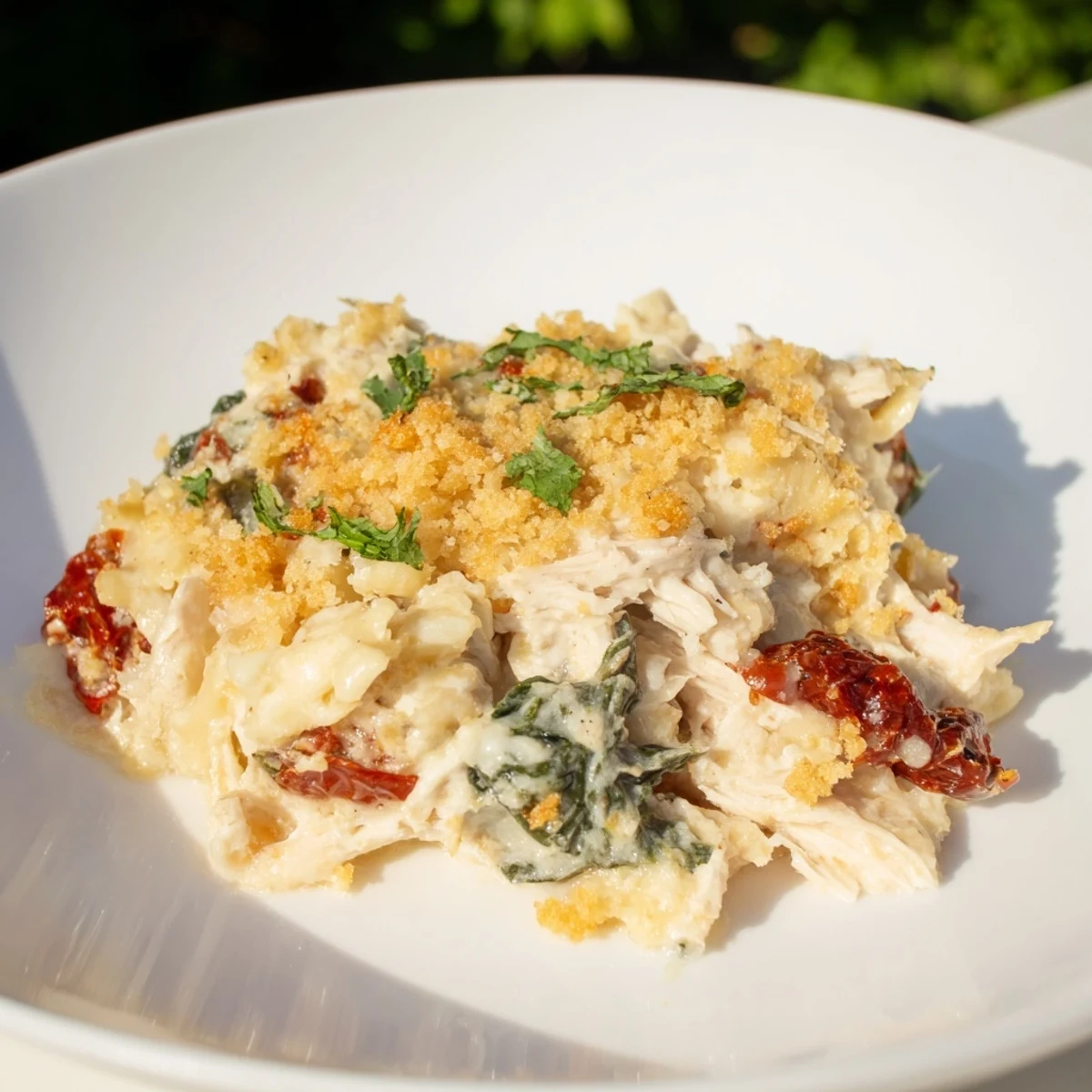 Creamy Marry Me Chicken Casserole bubbling in a baking dish, with golden, crisp Ritz topping.