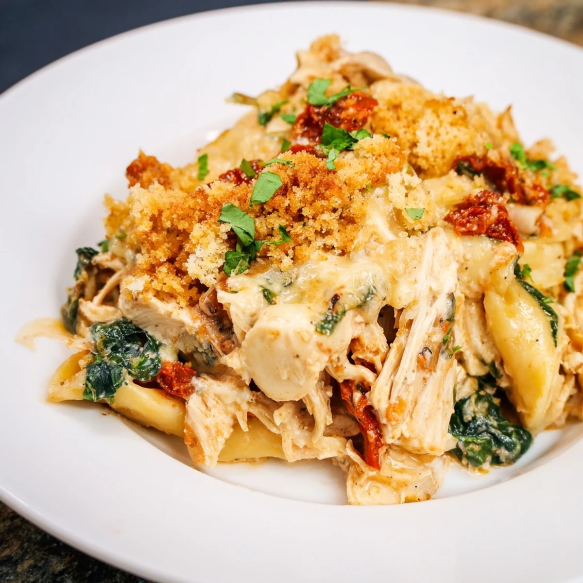 A close up shows the delicious Marry Me Chicken Casserole with visible chicken and sun-dried tomatoes.