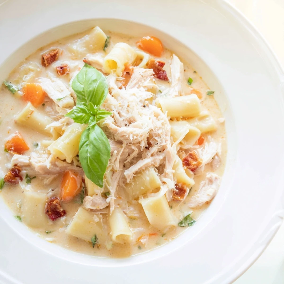 Creamy Marry Me Chicken Soup with tender chicken, vegetables, and ditalini pasta, ready to enjoy.