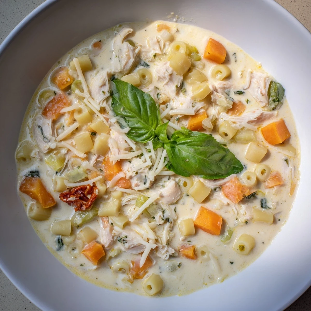 A steaming bowl of comforting Marry Me Chicken Soup, garnished with fresh basil, for a cozy dinner.