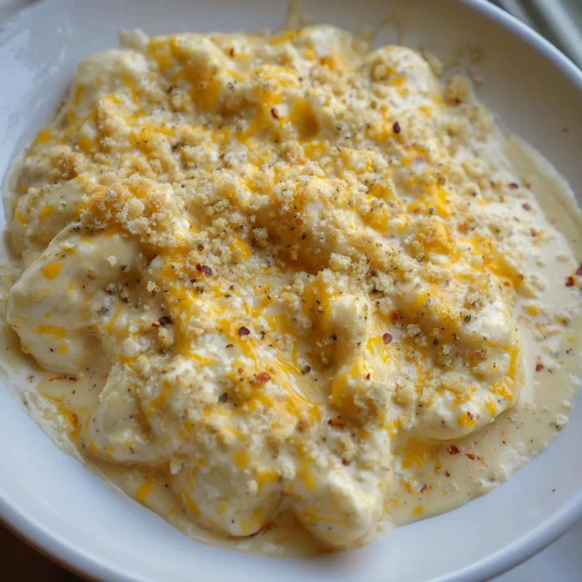A close-up of creamy, golden Tinis Recession Mac and cheese, ready to serve and enjoy.