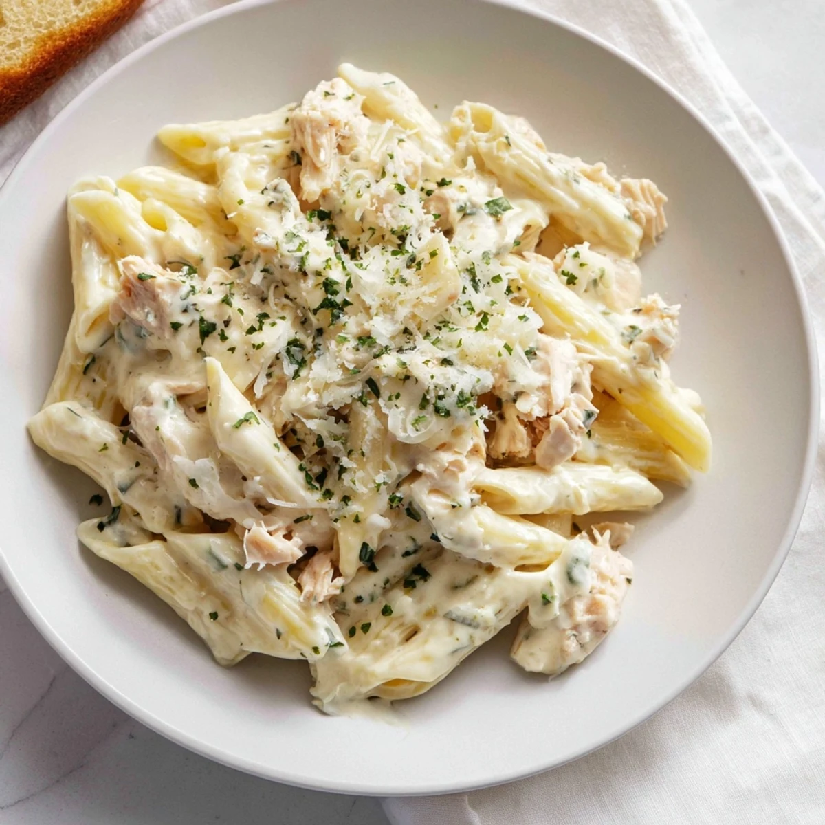 Tinis Creamy Chicken Pasta: a comforting bowl of creamy penne smothered in rich, cheesy sauce.
