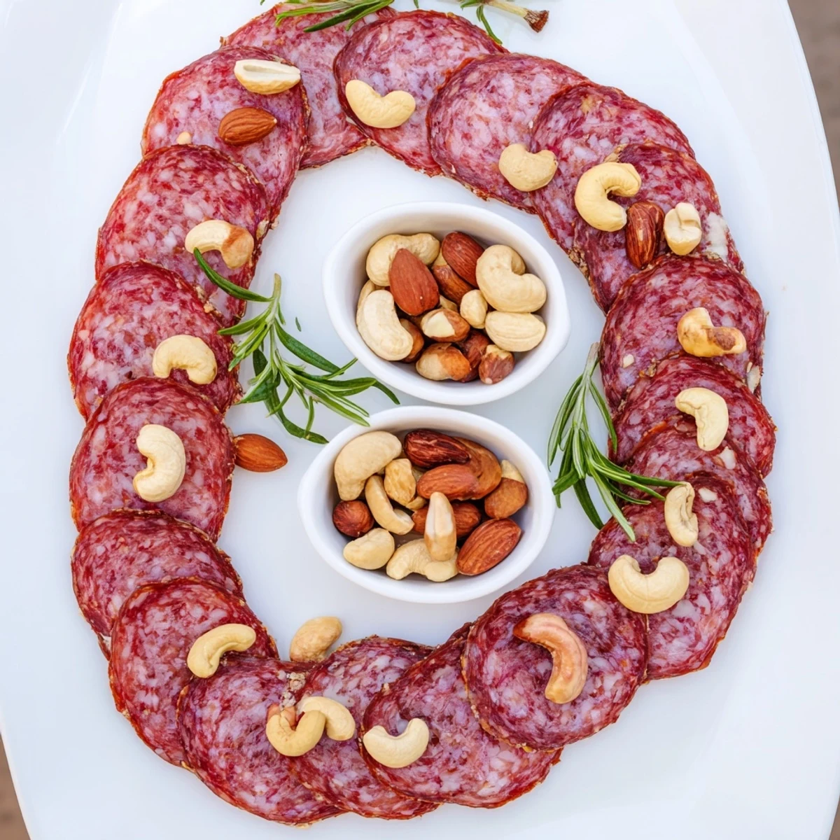 Elegant platter of The Infinity Loop appetizer: salami loops entwined with mixed nuts.